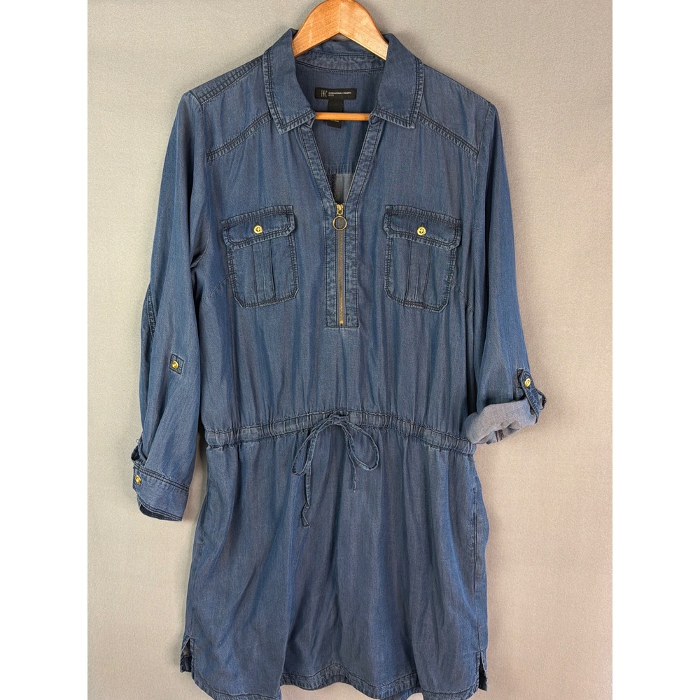INC Womens 14P Shirtdress Blue Good Lyocell Half Zip Utility Pocket Drawstring